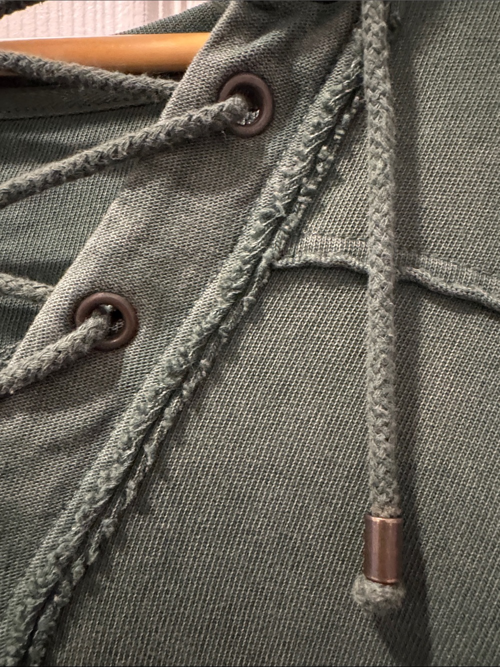 AERIE Forest Green Lace-Up V-Neck Hoodie Sweater - Picture 4 of 6